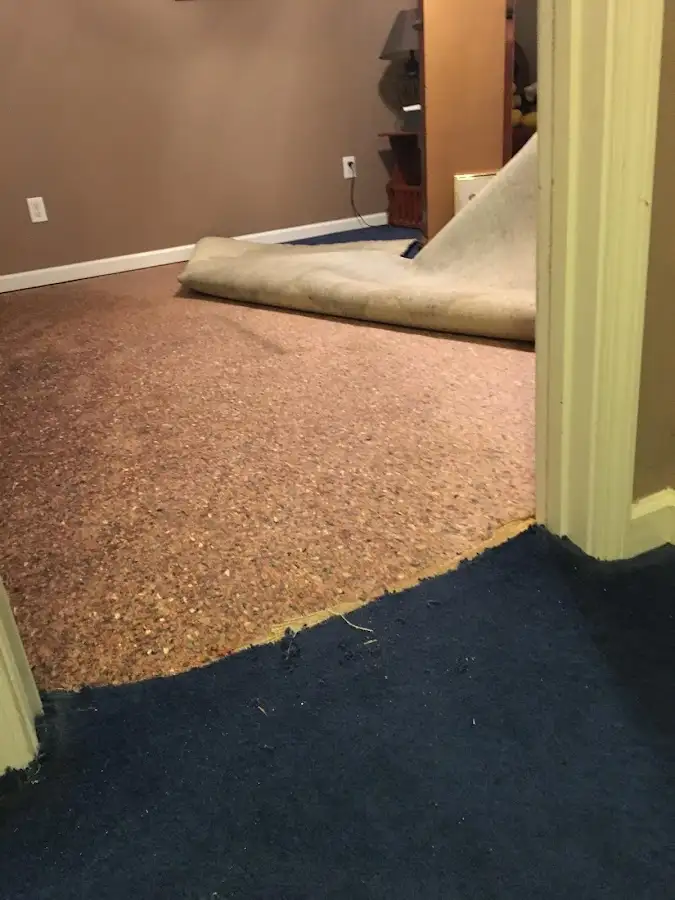 Carpet pad removal revealing water damage during Water Mitigation Services in West Palm Beach